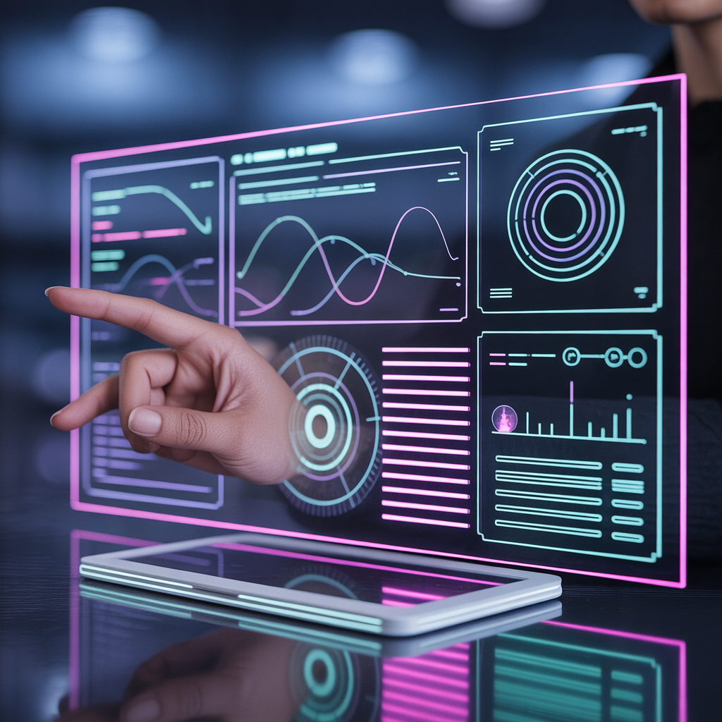 Generate a futuristic holographic user interface interacting with a human hand, displaying analytics and design metrics in neon colors